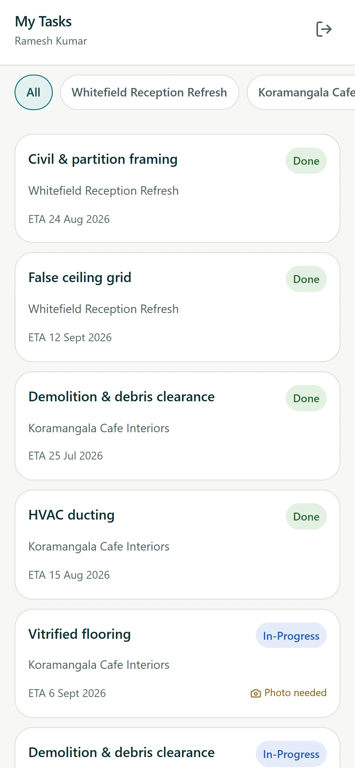 The CoreFlow Staff app showing one person's tasks with Done and In-Progress chips