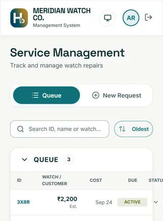HumBizz on a phone: the repair queue of a demo watch shop