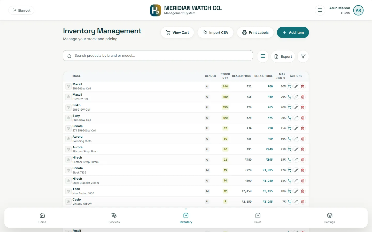 Inventory list showing stock quantity, dealer price, retail price and maximum discount per item