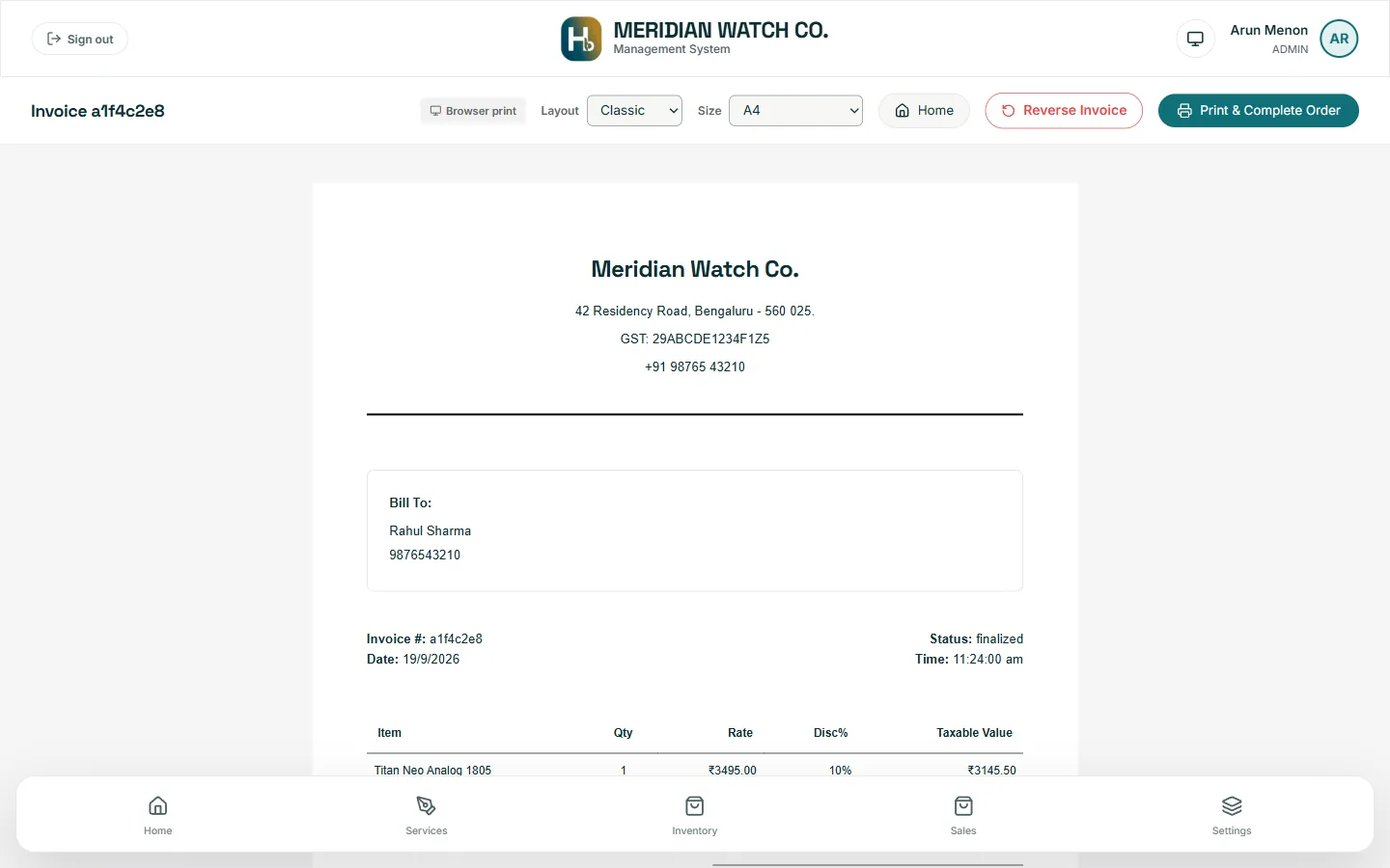 A GST invoice preview showing business details, Bill To, and the item table
