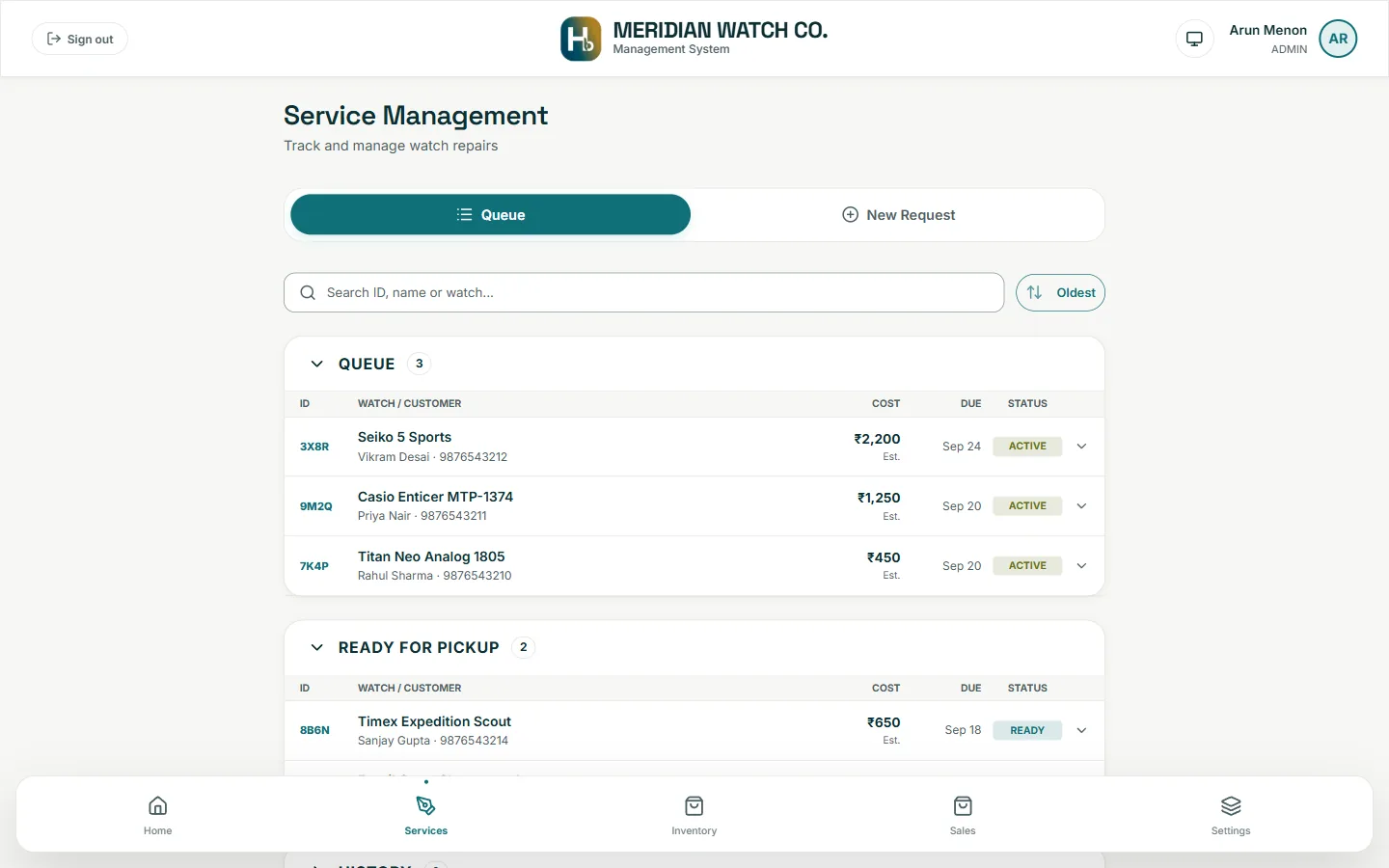 Service Management queue with jobs grouped into Queue, Ready for Pickup and History