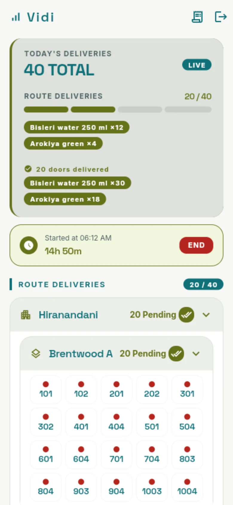 A driver's route on a phone: today's deliveries, the shift timer, and a grid of door numbers to tap