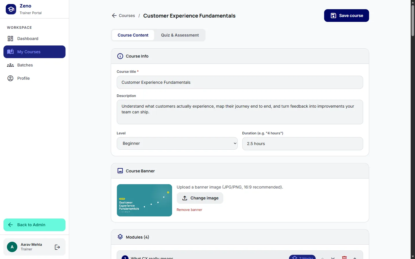 The course builder showing course info, banner and modules